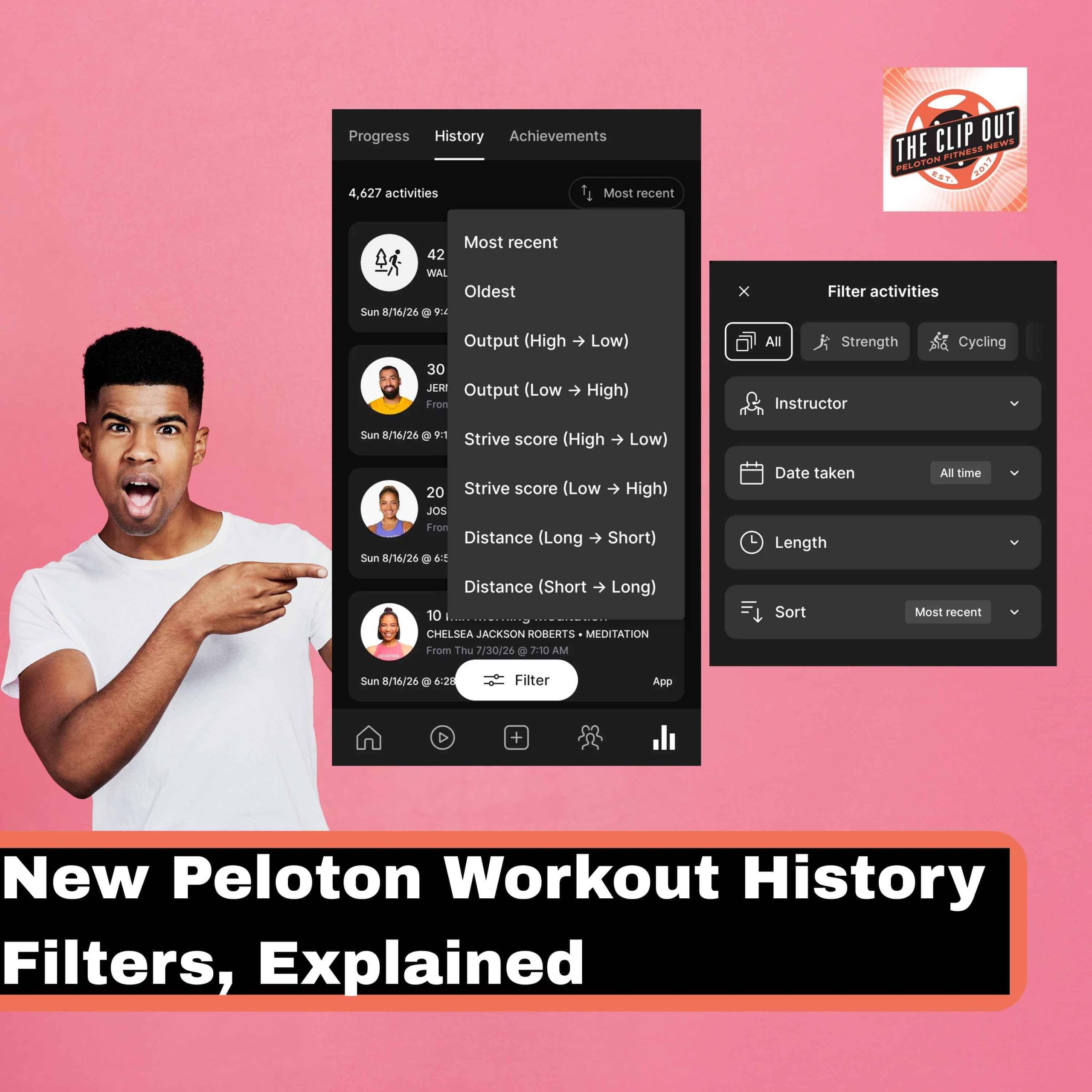 Screenshot of Peloton app History tab showing new Filter menus