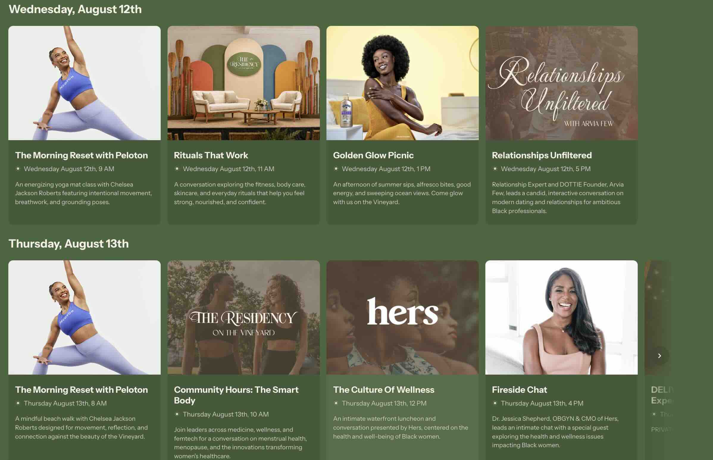 Peloton's The Residency Martha's Vineyard schedule graphic showing Chelsea Jackson Roberts wellness sessions