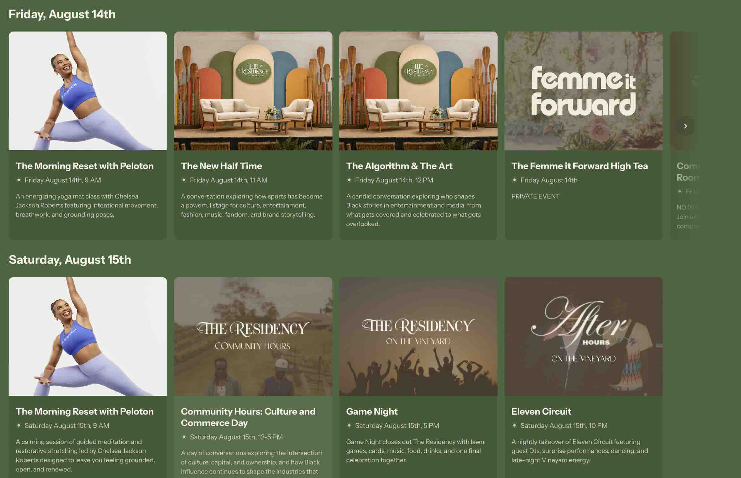 Peloton's The Residency Martha's Vineyard schedule graphic showing Chelsea Jackson Roberts wellness sessions