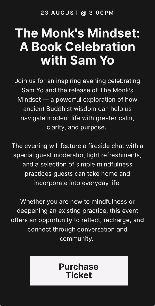 Sam Yo book celebration flyer for The Monk's Mindset at Peloton Studios London