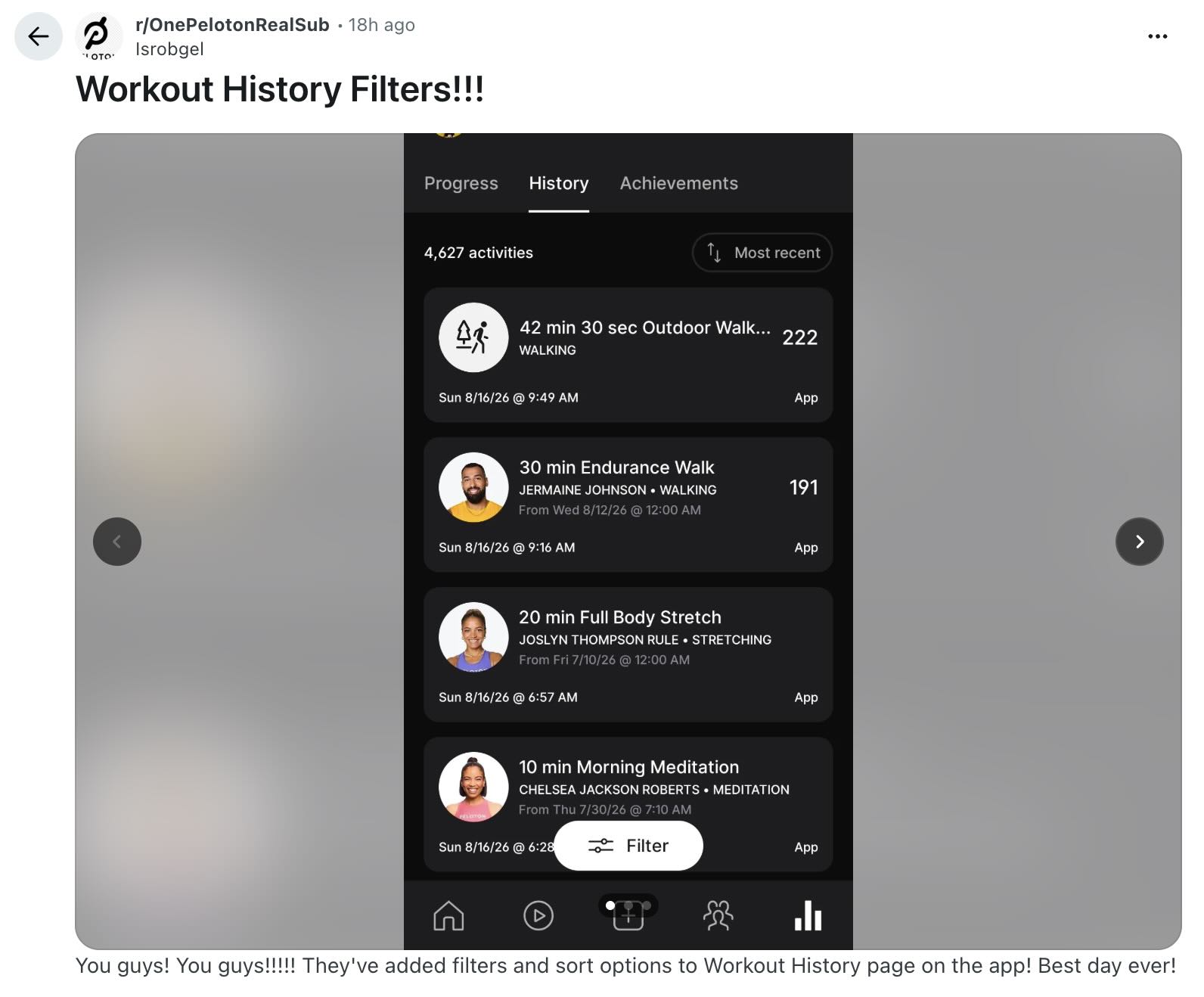 Peloton Workout History Filters shown in the app's History tab filter menu