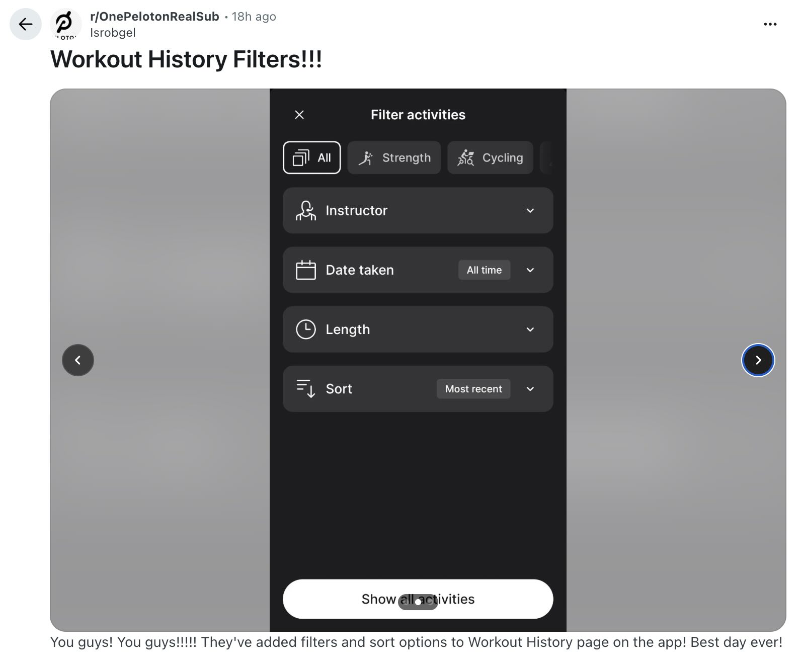 Peloton Workout History Filters shown in the app's History tab filter menu