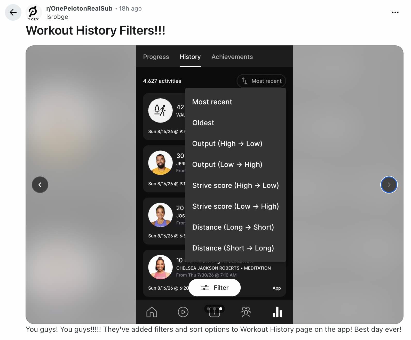 Peloton Workout History Filters shown in the app's History tab filter menu