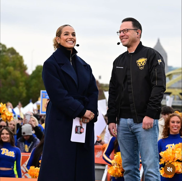 Jess Sims College GameDay appearance reporting alongside a college football coach on set