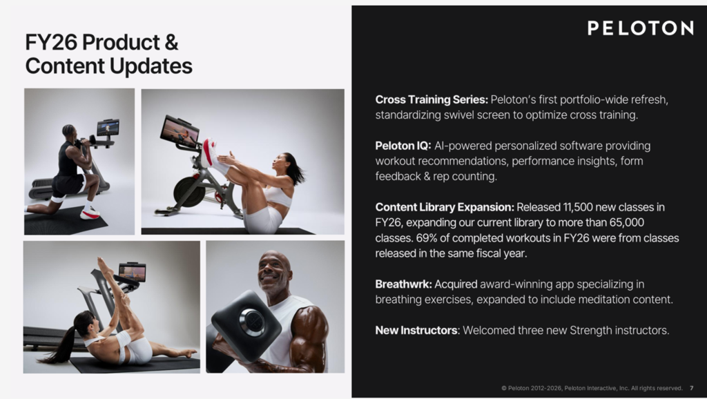 Peloton Q4 FY2026 earnings product and content updates including Peloton IQ