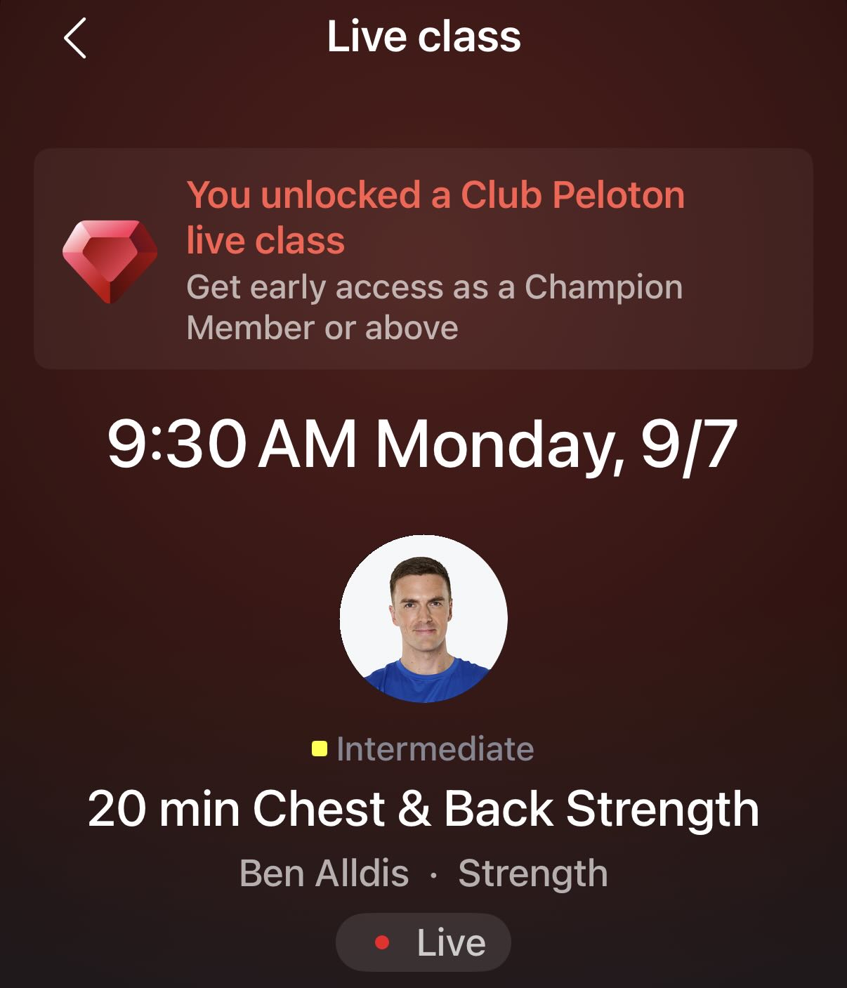 Club Peloton Live Class notification for Ben Alldis Chest & Back Strength on September 7