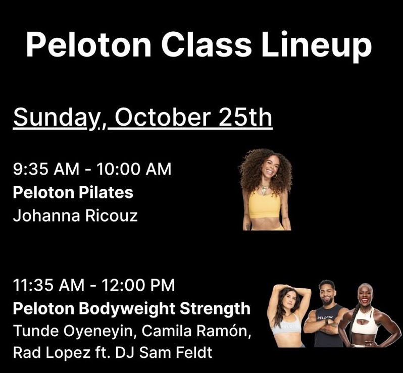 Free Faces of Fitness Miami tickets graphic featuring Peloton instructors Johanna Ricouz, Camila Ramón, Rad Lopez, and Tunde Oyeneyin