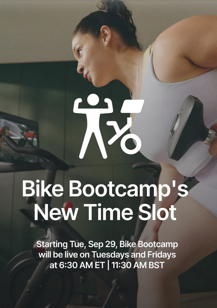 Bike Bootcamp schedule graphic showing new Tuesday and Friday live class times starting September 29