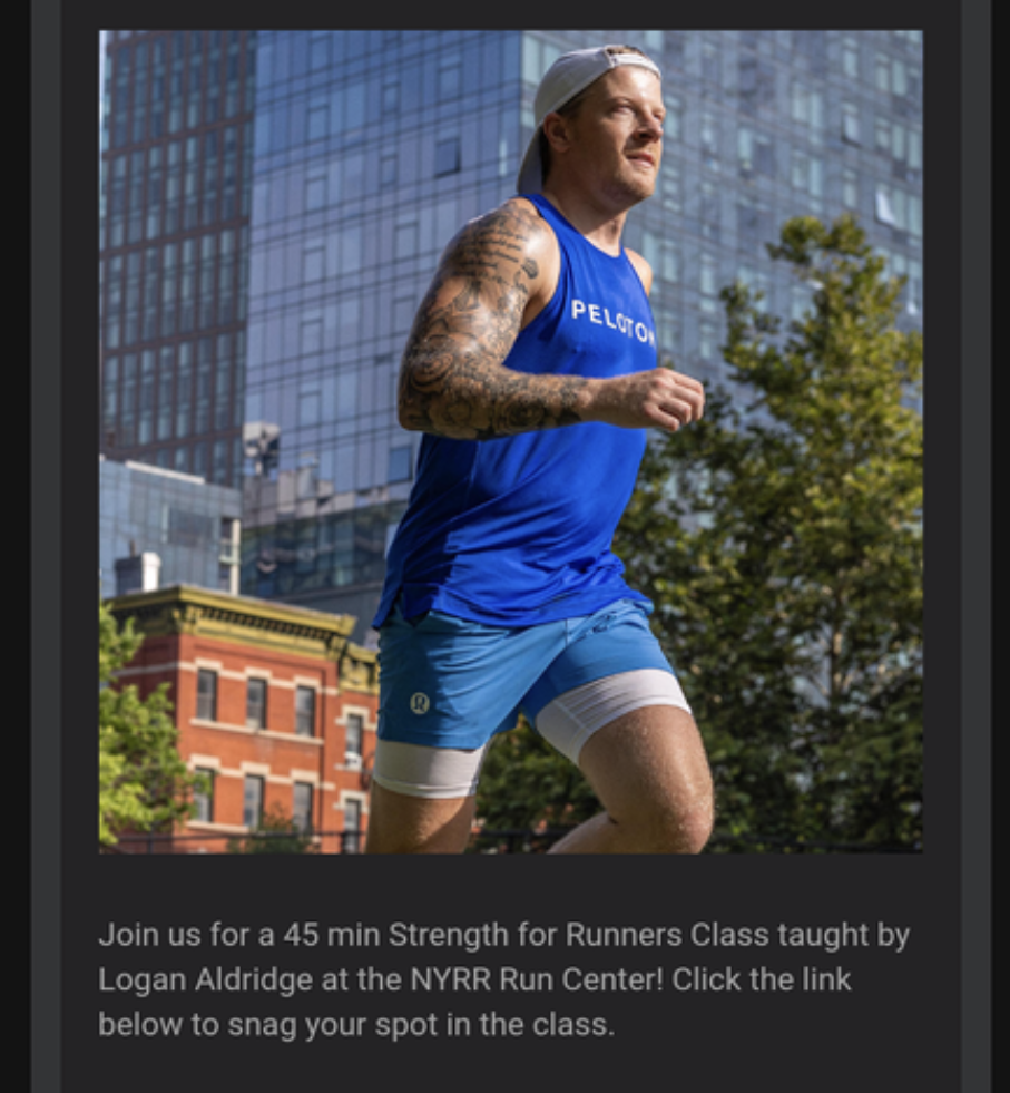 Logan Aldridge Strength for Runners event graphic showing Logan Aldridge in a Peloton tank for the NYRR Run Center class on October 7