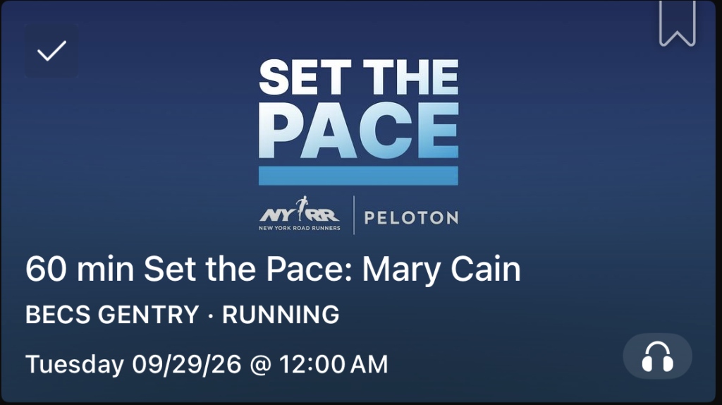 Atalanta NYC Set the Pace class tile in the Peloton app with NYRR and Peloton logos for Becs Gentry's 60-minute outdoor run