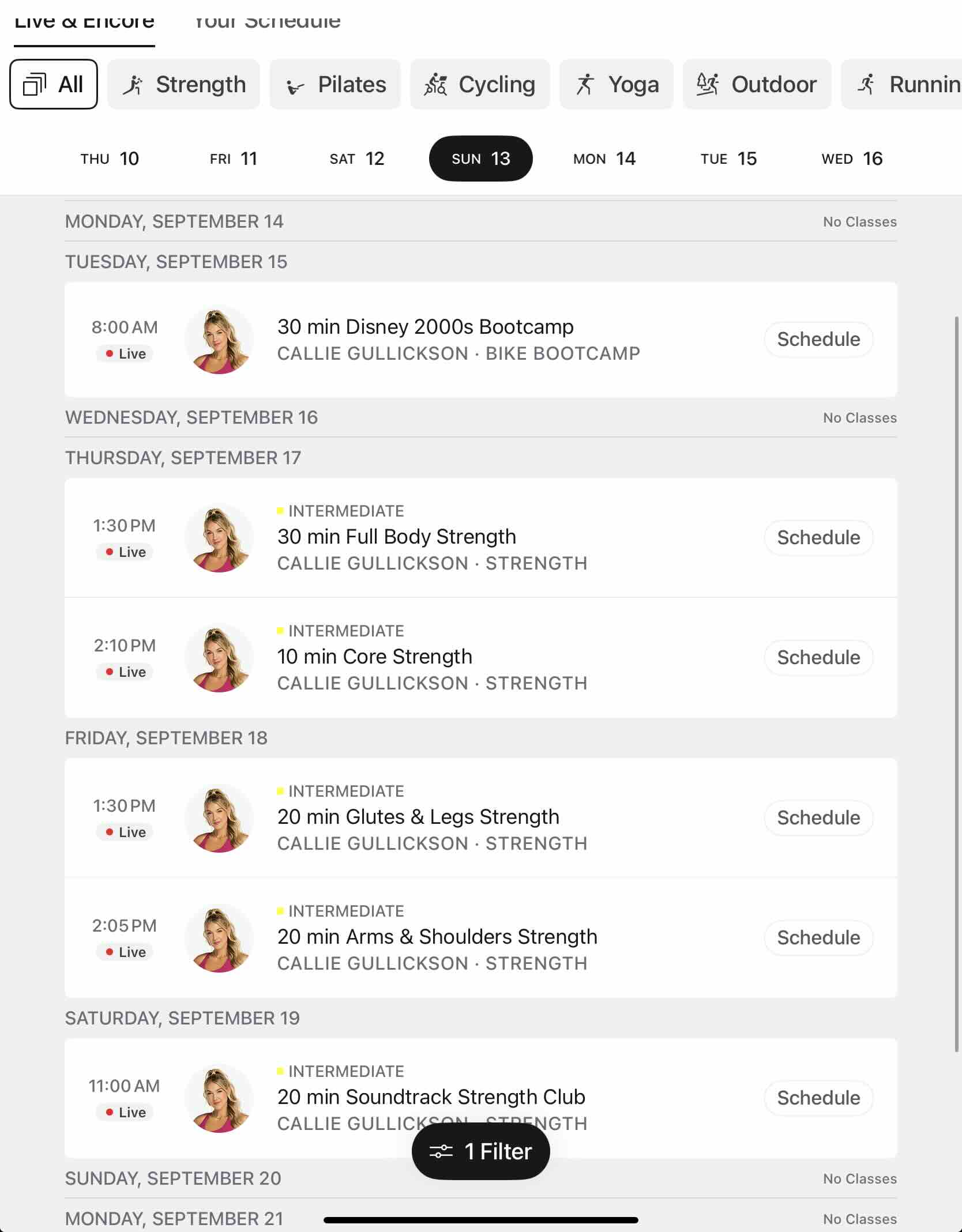 Callie Gullickson PSNY Schedule live class calendar for the week of September 15