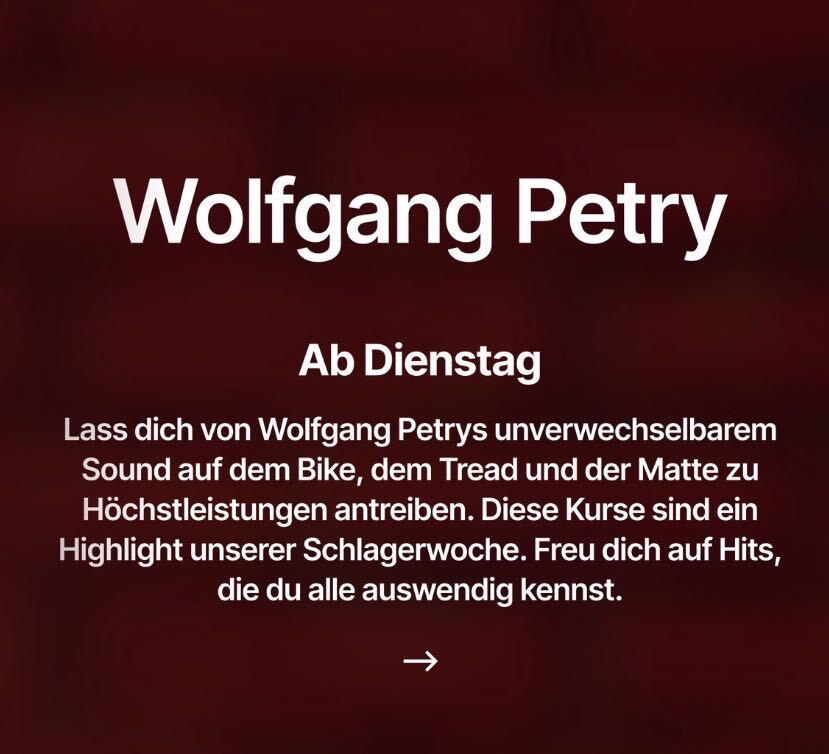 Wolfgang Petry Artist Series promotional photo for Peloton class collection