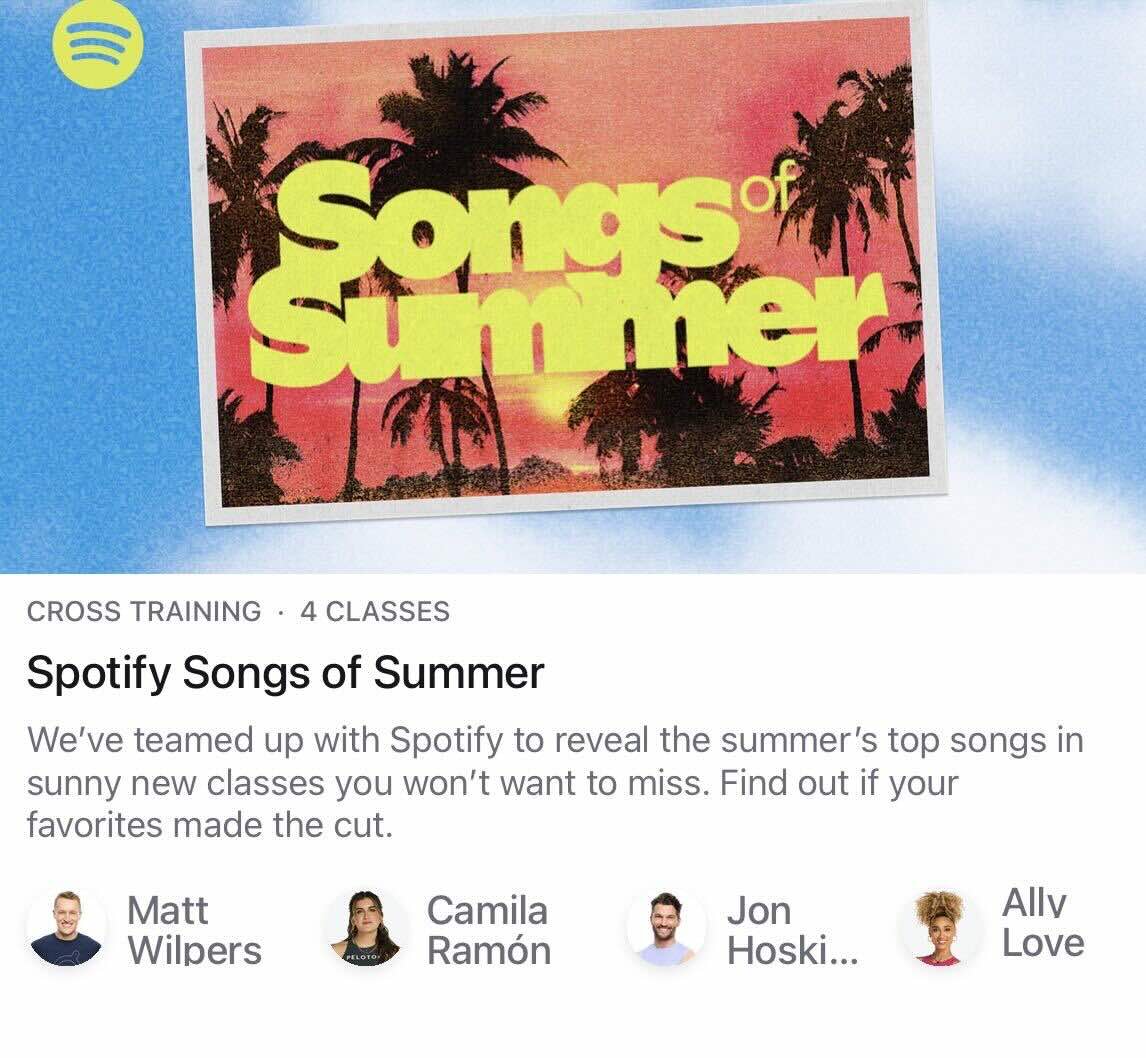 Peloton Spotify Songs of Summer collection page showing four On Demand classes