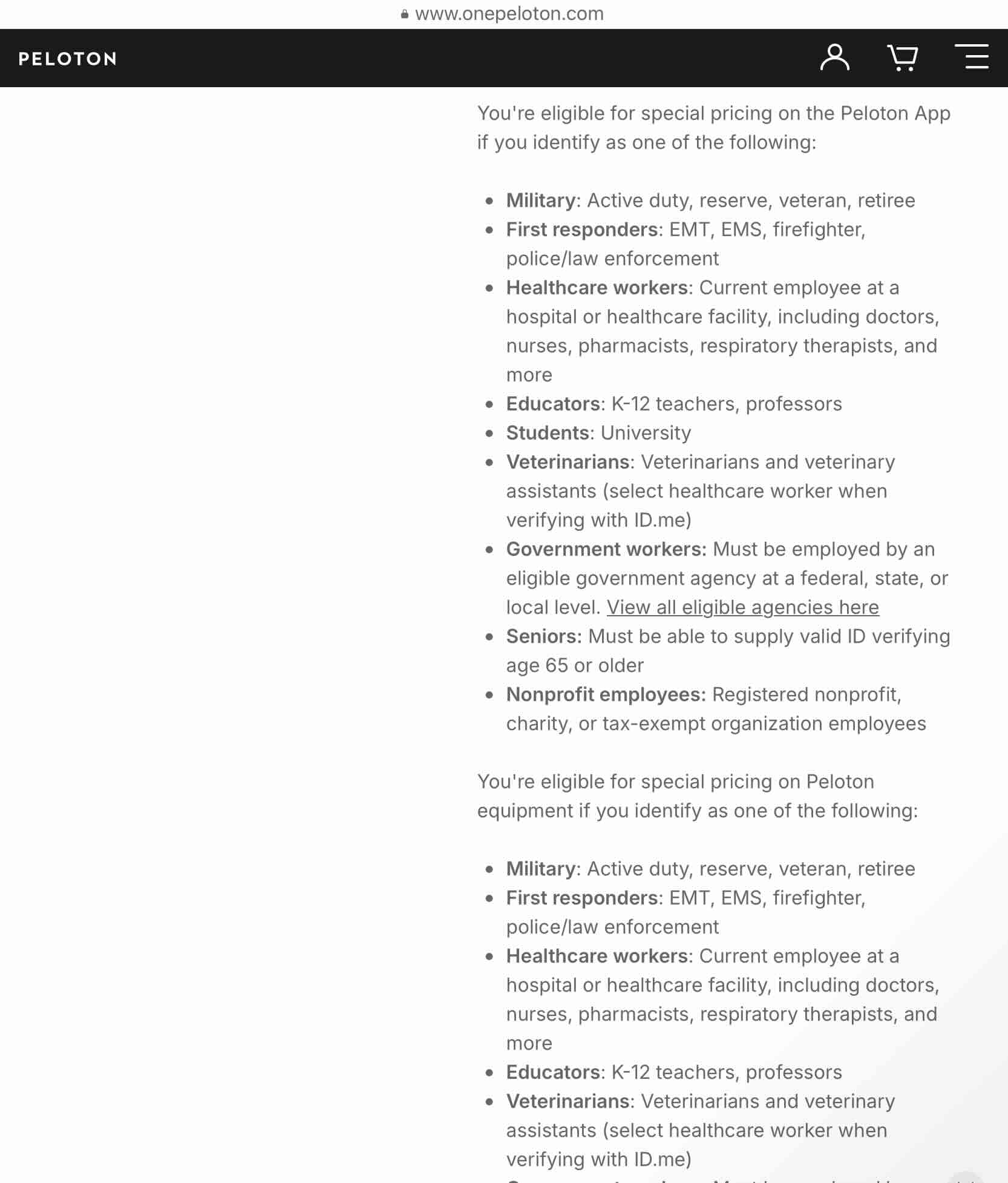 Peloton educator discount page describing eligible teachers (not updated)