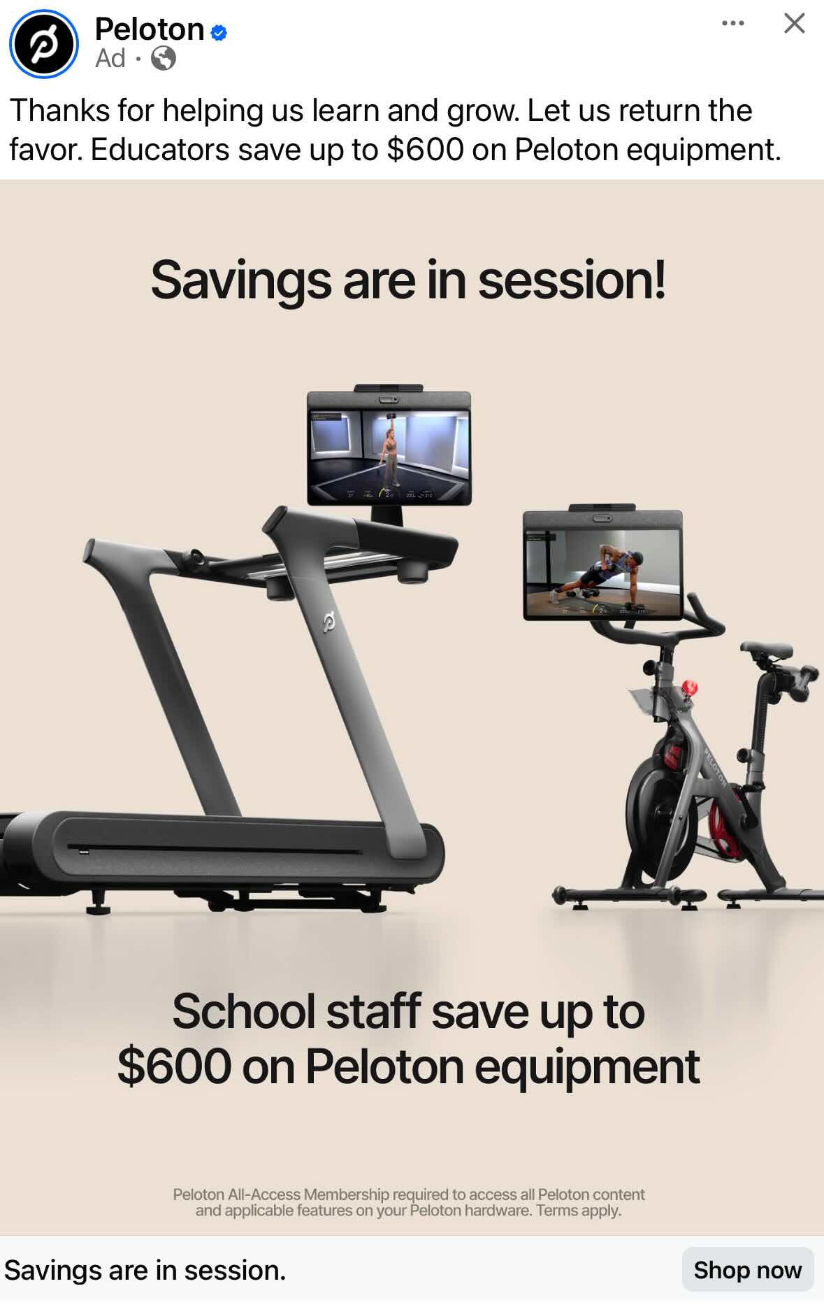Peloton educator discount ad showing equipment savings for school staff