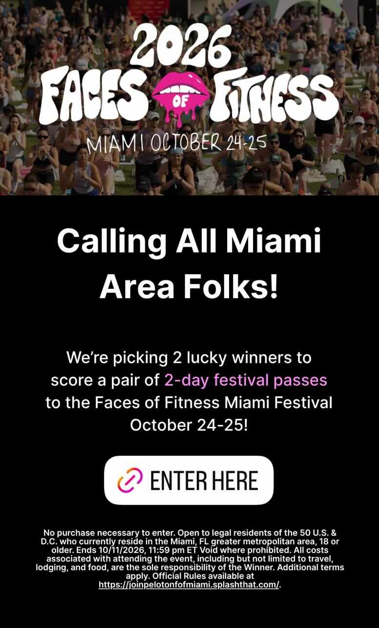 Free Faces of Fitness Miami tickets graphic featuring Peloton instructors Johanna Ricouz, Camila Ramón, Rad Lopez, and Tunde Oyeneyin
