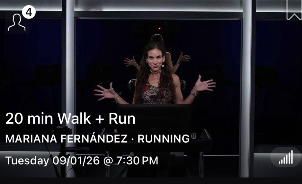 Peloton Tim Curry Tribute class with Mariana Fernández mid-quote on the Tread