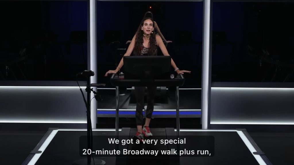 Peloton Tim Curry Tribute class with Mariana Fernández mid-quote on the Tread
