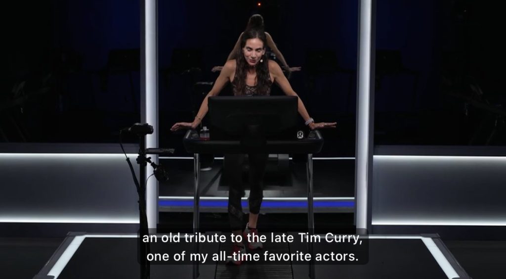 Peloton Tim Curry Tribute class with Mariana Fernández mid-quote on the Tread
