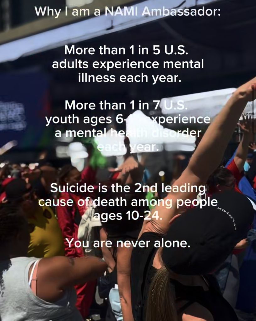 Suicide prevention month graphic from Ash Pryor explaining why she is a NAMI Ambassador, with mental health statistics.