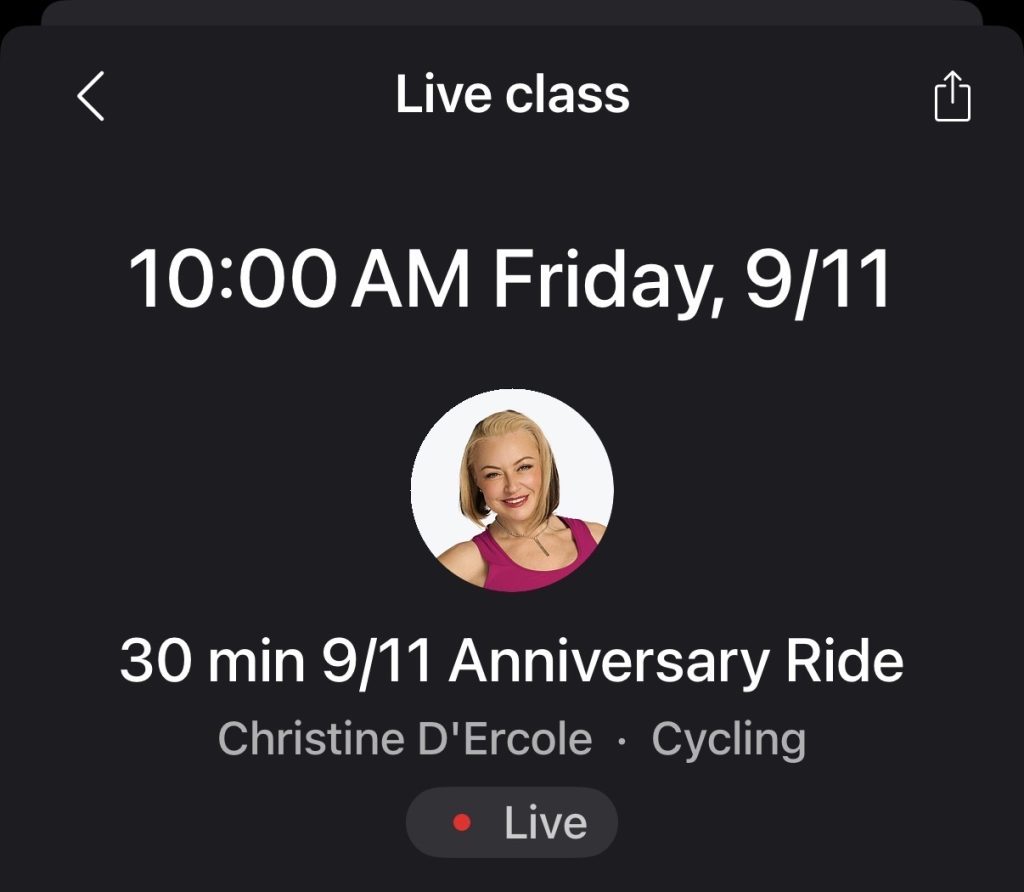 Peloton 9/11 Anniversary Ride live class listing featuring Christine D'Ercole, 10 a.m. Friday, September 11