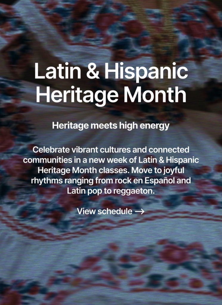 Peloton Hispanic Heritage Month classes promotional graphic with "Heritage meets high energy" tagline