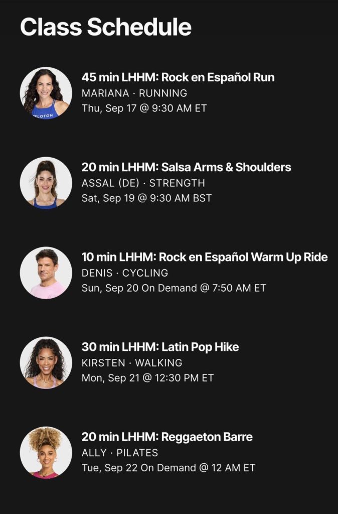 Peloton Hispanic Heritage Month classes promotional graphic with class list