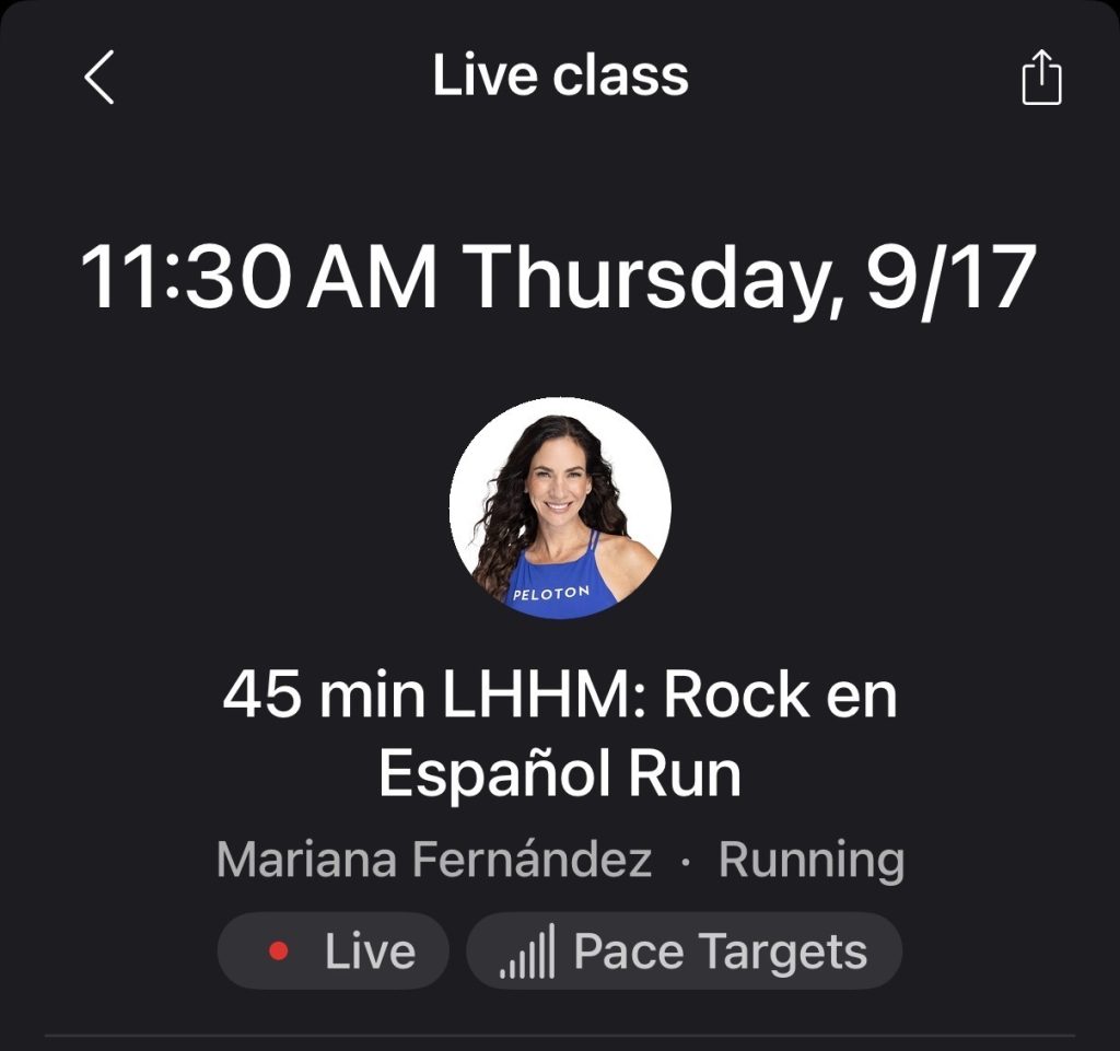 Peloton Hispanic Heritage Month classes live listing for Mariana Fernández's Rock en Español Run