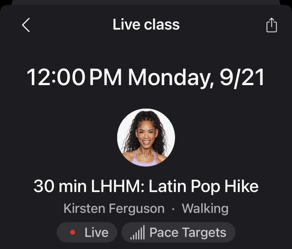 Peloton Hispanic Heritage Month classes live listing for Kirsten Ferguson's Latin Pop Hike