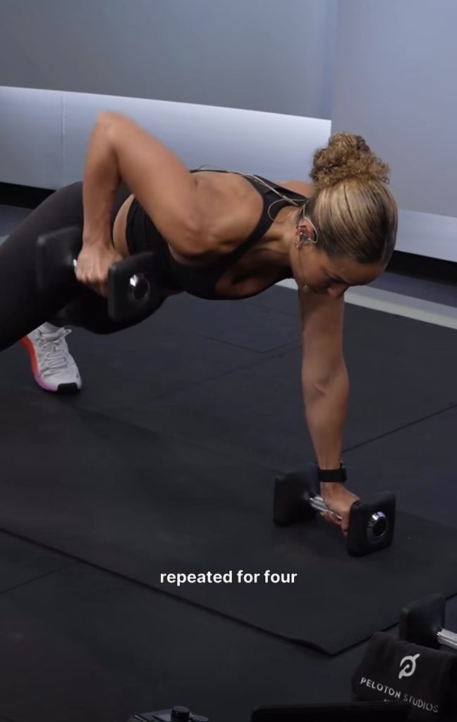 Jess Sims Do Hard Things plank row exercise demonstration with dumbbells