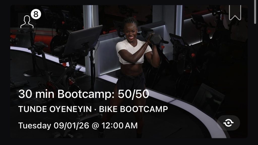 : Bike Bootcamp schedule class card for Tunde Oyeneyin's 30 min Bootcamp 50/50, released Tuesday at 12:00 AM