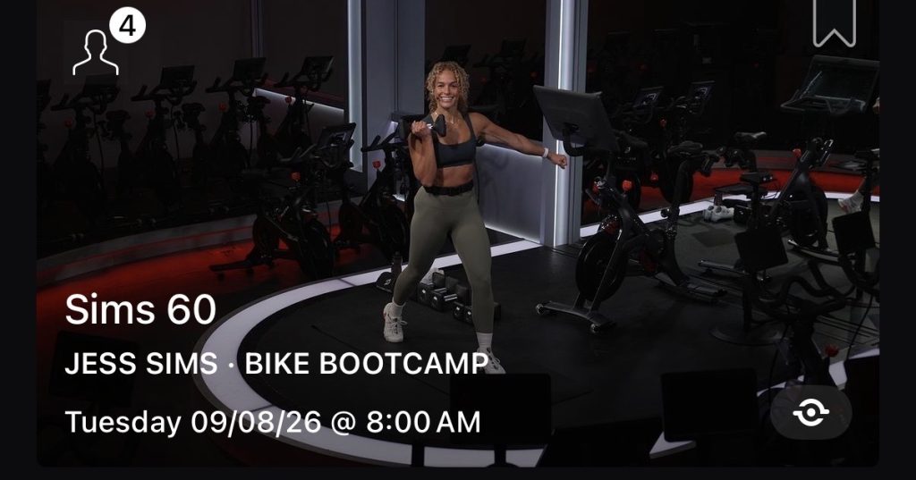 Bike Bootcamp schedule class card for Jess Sims' Sims 60, held Tuesday at 8:00 AM under the previous live time