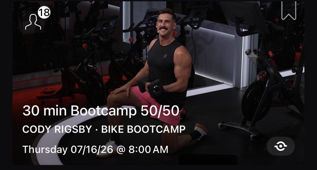 Bike Bootcamp schedule class card for Cody Rigsby's 30 min Bootcamp 50/50, held Thursday at 8:00 AM under the previous live time