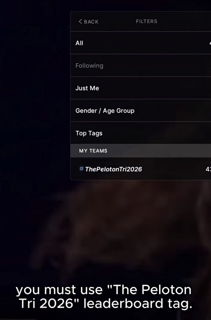 Peloton Tri 2026 leaderboard filter menu with the tag listed under My Teams