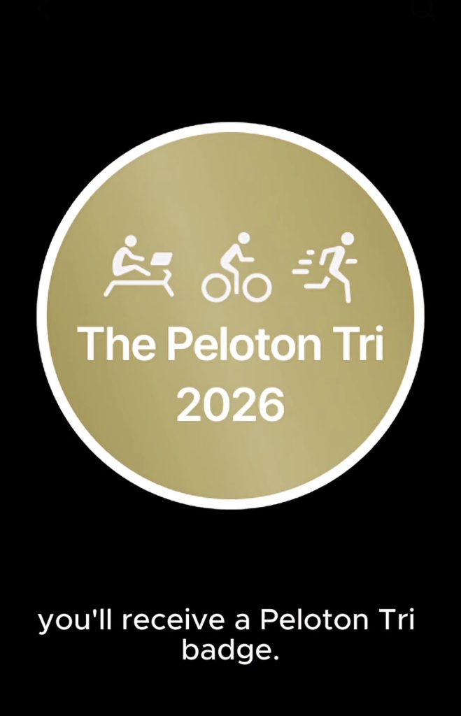 Peloton Tri 2026 gold badge with row, ride and run icons