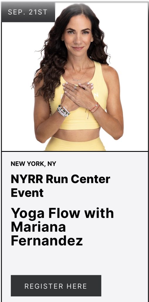 Peloton NYC Marathon events graphic of Peloton instructor Mariana Fernandez in a yellow top for the September 21 Yoga Flow class
