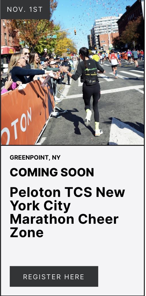 Peloton NYC Marathon events Cheer Zone photo of a runner high-fiving spectators along the course
