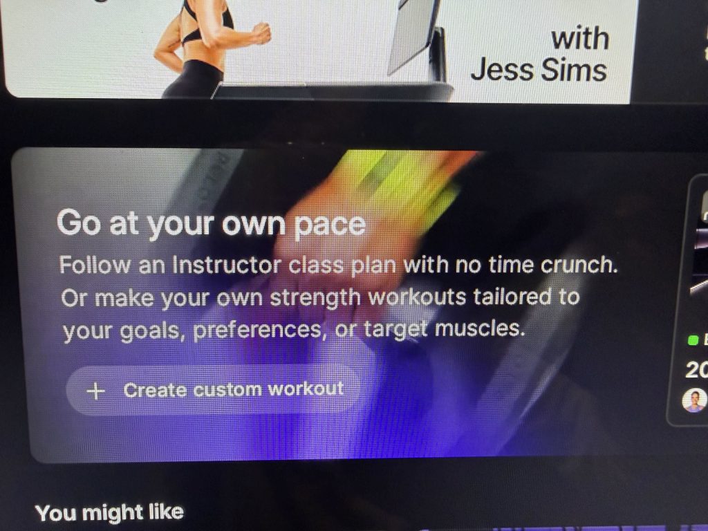 Peloton self paced workouts Home screen card with a Create custom workout button