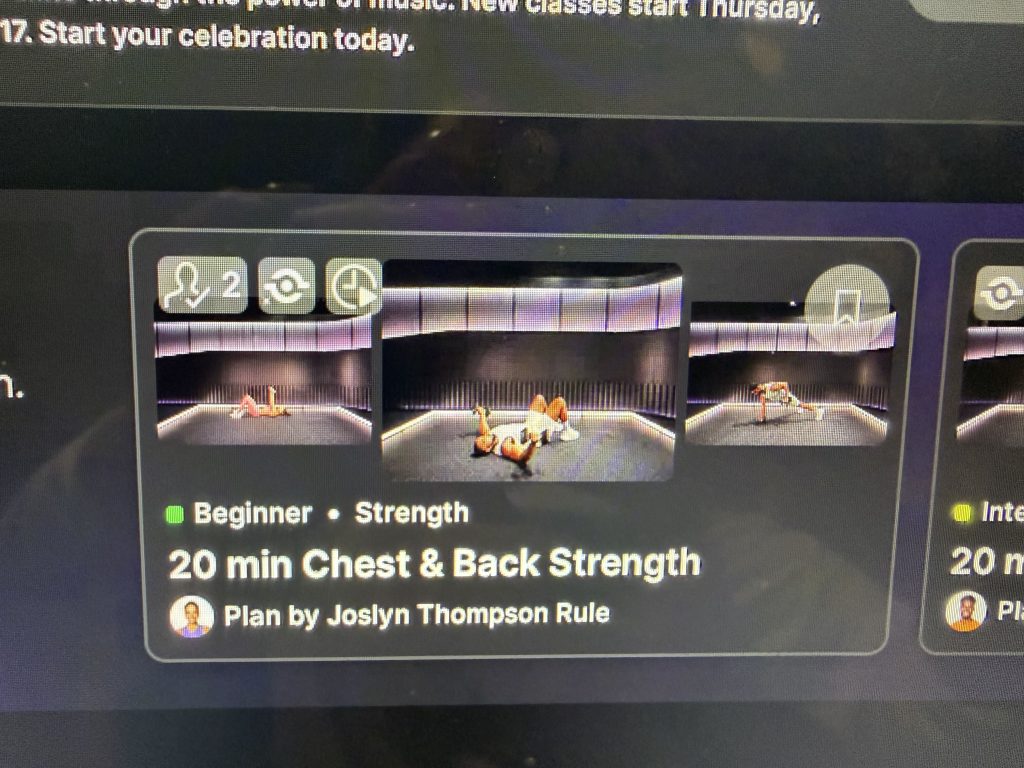 Peloton self paced workouts card for 20 min Chest and Back Strength with a plan by Joslyn Thompson Rule