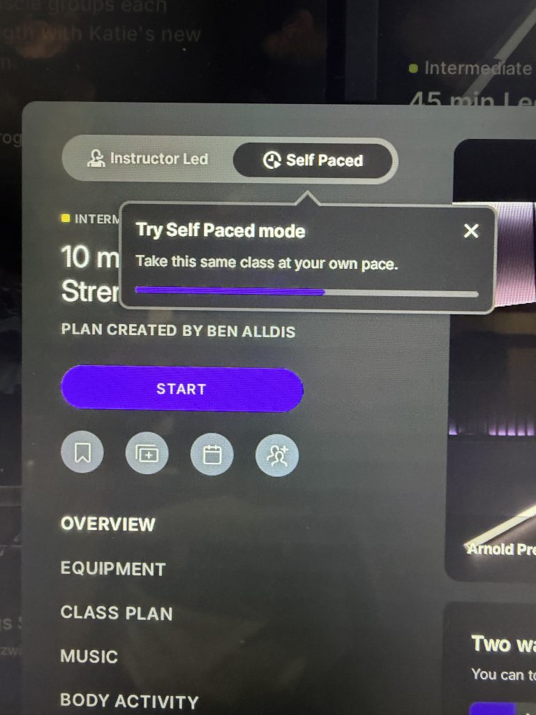Peloton self paced workouts prompt showing Instructor Led and Self Paced options on Cross Training+ equipment