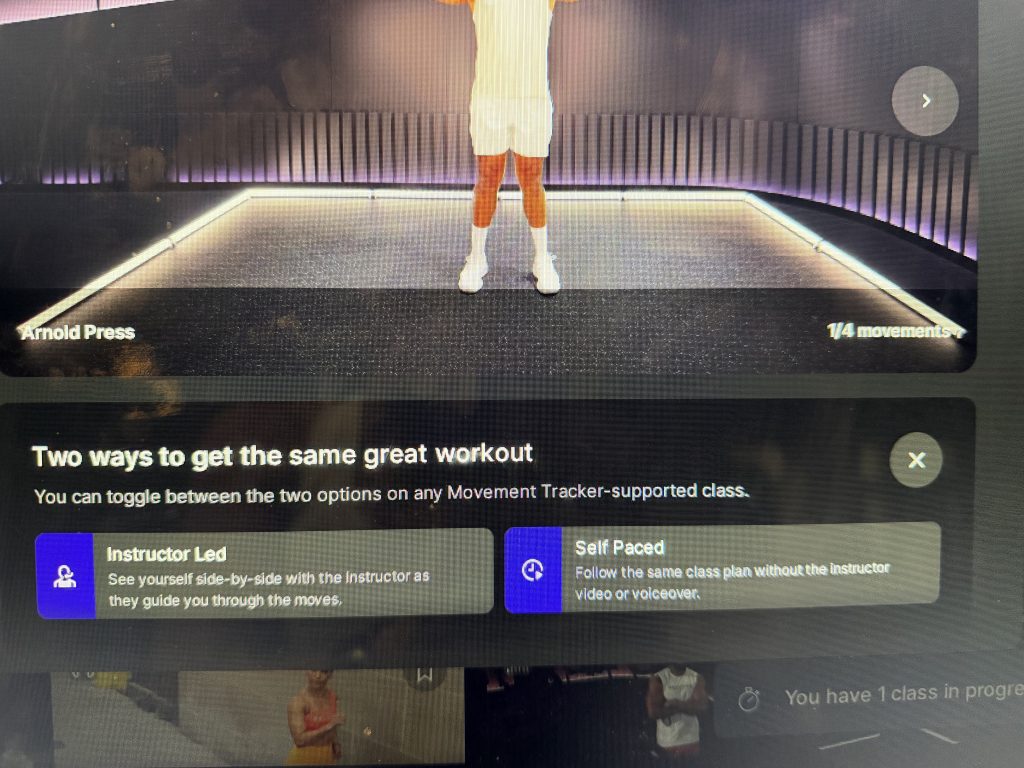 Peloton self paced workouts prompt showing Instructor Led and Self Paced options on Cross Training+ equipment