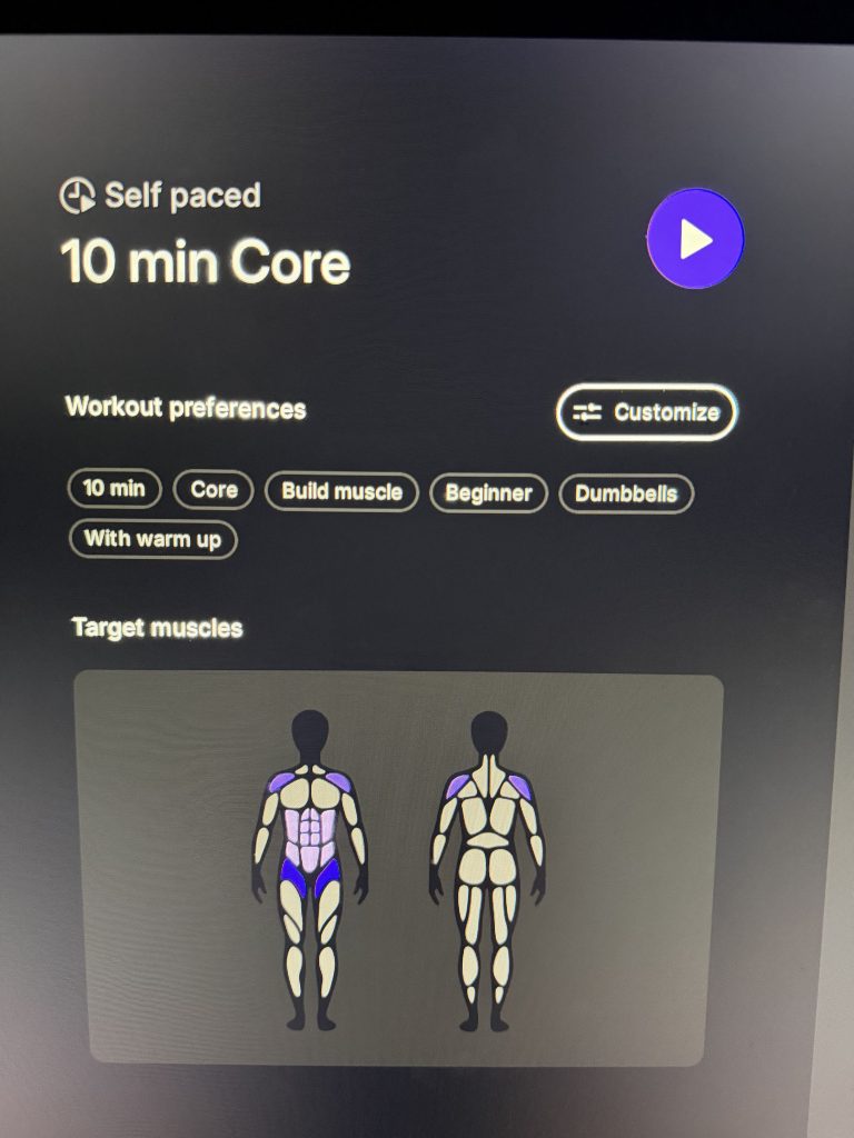 Peloton self paced workouts preferences screen with warm up, time, target muscles, and focus