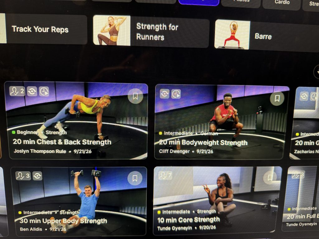 Peloton self paced workouts class page for 20 min Chest and Back Strength with the Instructor Led and Self Paced toggle