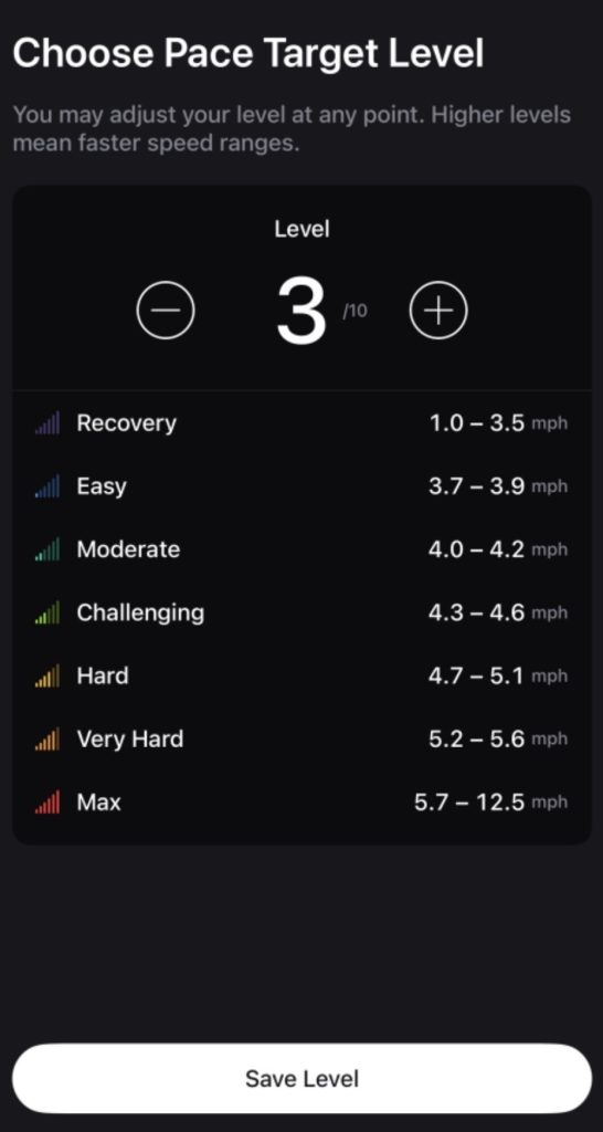 IQ Pace Targets level 3 screen showing Recovery through Max speed ranges