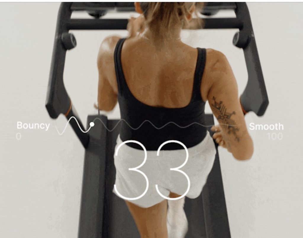 Run Analysis interface showing a Running Efficiency Score of 33 on Peloton Tread Vision