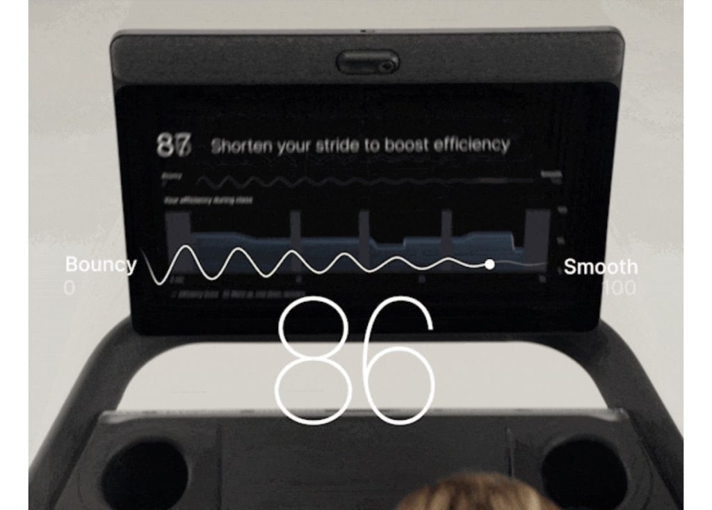 Run Analysis screen displaying a Running Efficiency Score and stride feedback on Peloton Tread Vision