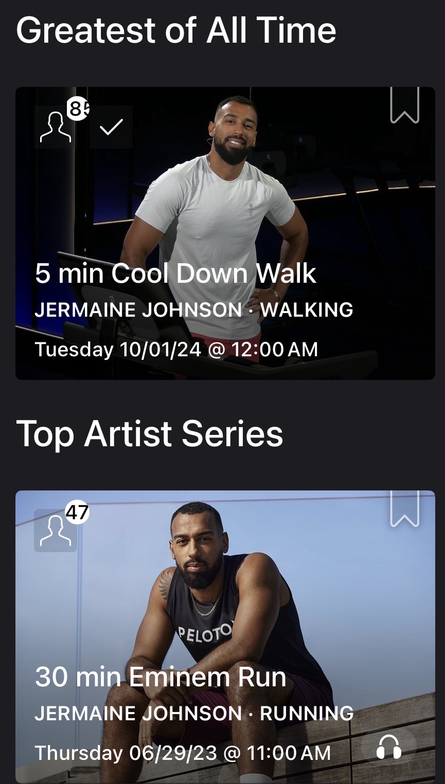 Jermaine Johnson Peloversary collection sections showing Greatest of All Time and Top Artist Series classes