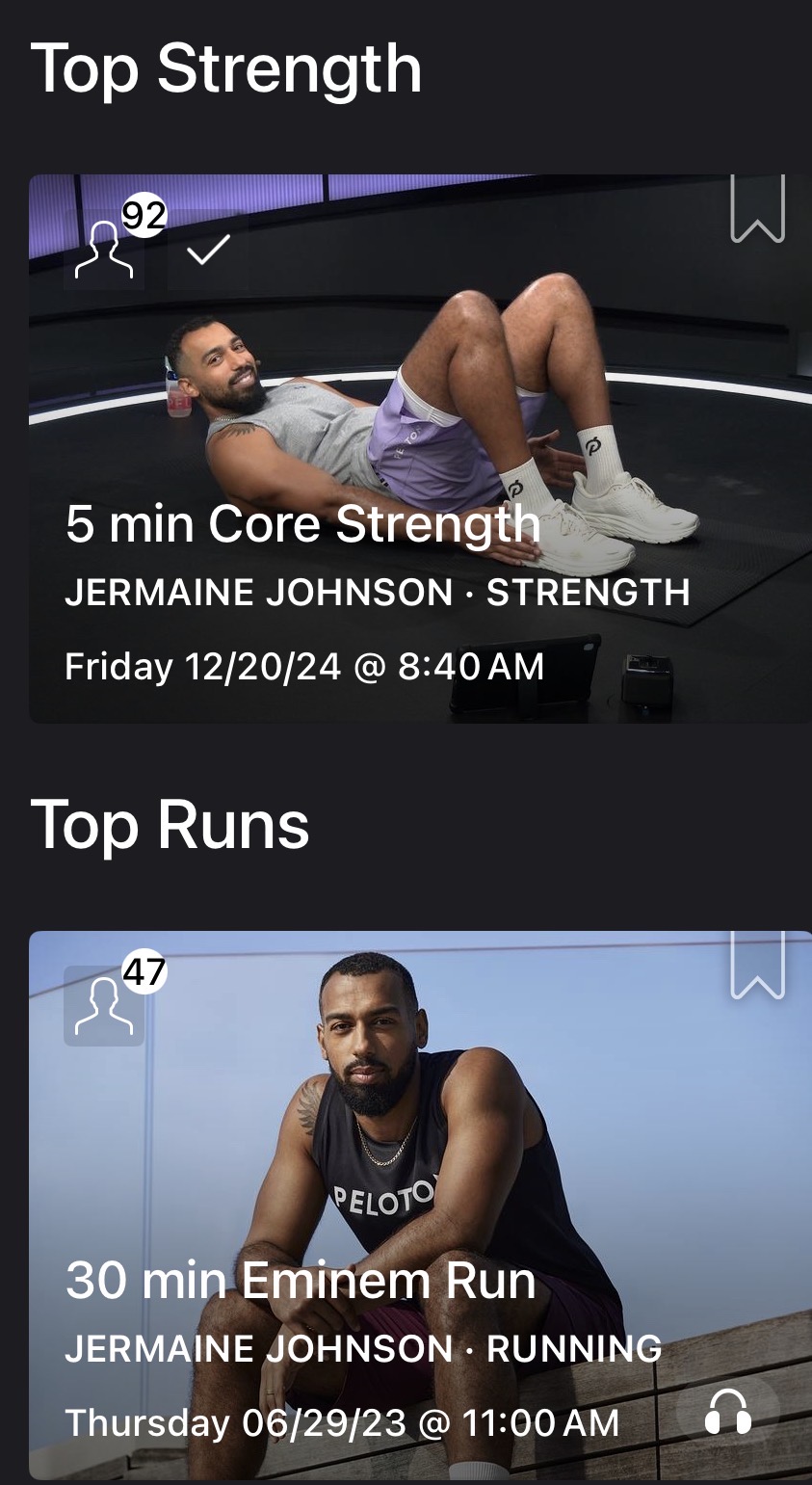 Jermaine Johnson Peloversary collection sections showing Top Strength and Top Runs classes