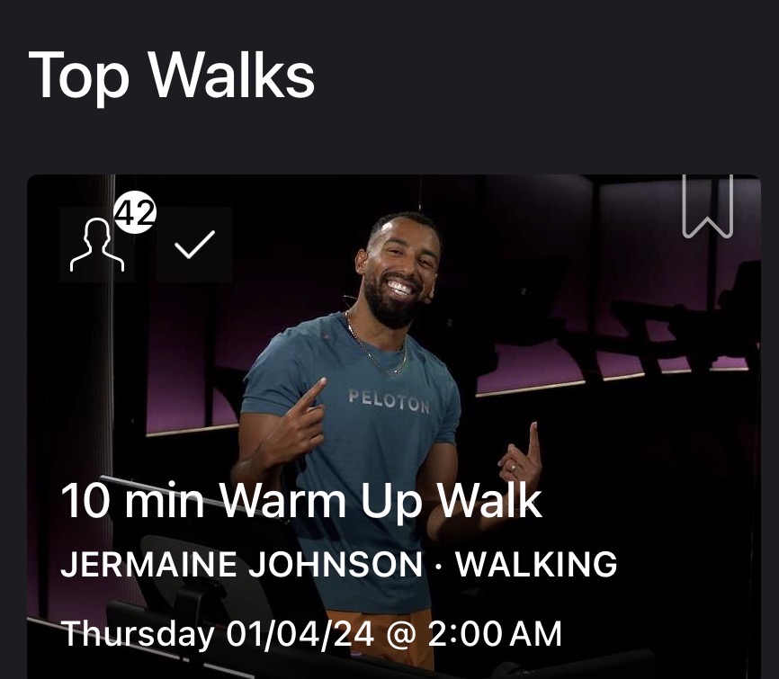 Jermaine Johnson Peloversary collection section showing the Top Walks class