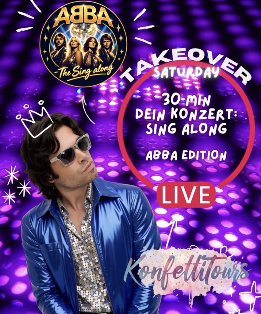 ABBA sing along ride promo showing Benny Adami in a blue jacket for his Dein Konzert ABBA Edition